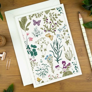 Wilde Wiese und Schmetterling botanische Kunst Grußkarte für sie, Blumendruck Illustrationskarten Geschenkset.