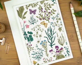 Wilde Wiese und Schmetterling botanische Kunst Grußkarte für sie, Blumendruck Illustrationskarten Geschenkset.