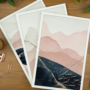Lot de cartes de voeux d'art abstrait pour elle, cartes de remerciement personnalisées dans des tons rose poudré, gris pâle et bleu pétrole.