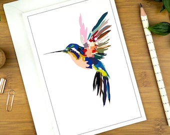 Hummingbird card for bird lover, Japandi art card, bird print for daughter, note card gift set for mum, luxury birthday card for her, blank.