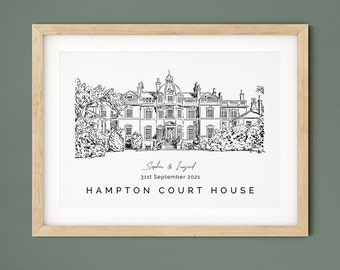 Hampton Court House, personalised wedding venue illustration gift for wife, 1st anniversary gift for husband.