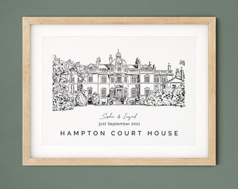 Hampton Court House, cadeau de mariage, cadeau d'illustration de lieu de mariage pour femme, cadeau de 1er anniversaire pour mari.