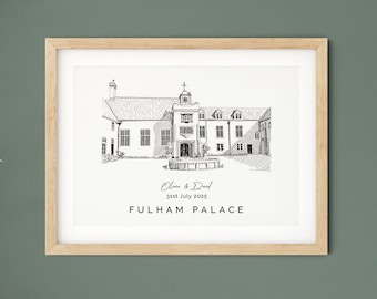Fulham Palace, wedding venue illustration, unique wedding gift, personalised 1st anniversary gift for wife, fiance or husband.