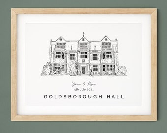 Goldsborough Hall Wedding Venue Illustration, Anniversary Gift