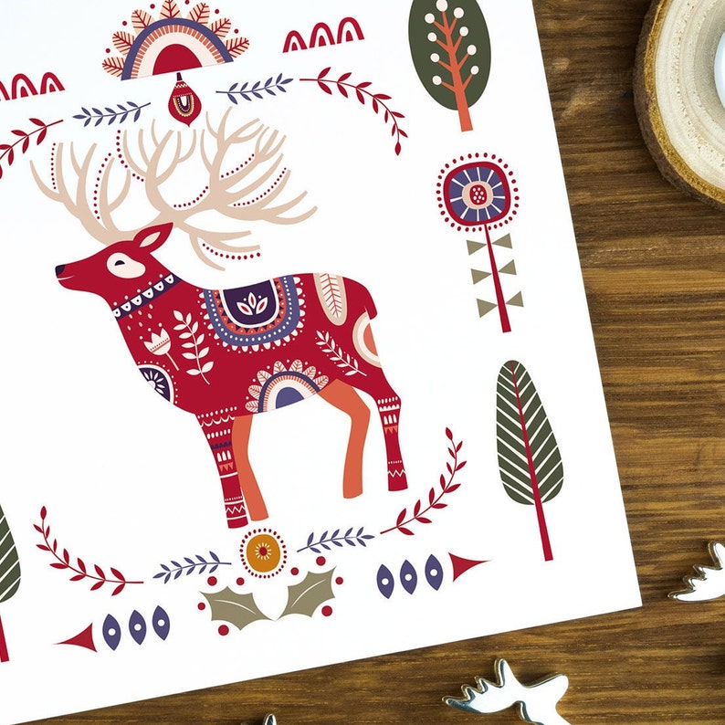 Carte de Noël d'art populaire, illustration de cerf, lot de cartes de Noël nordiques, lot de cartes de voeux d'hiver pour elle, cadeau d'impression d'art scandinave. image 10