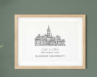 Glasgow University, wedding venue illustration present for husband, personalised graduation print for student, engagement gift for fiance.