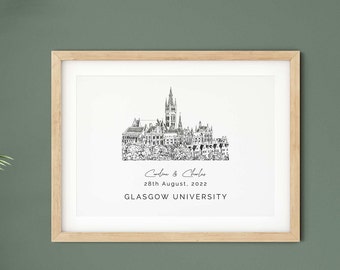 Université de Glasgow, cadeau de mariage, cadeau d'illustration de lieu pour mari, impression de remise de diplôme pour étudiant.