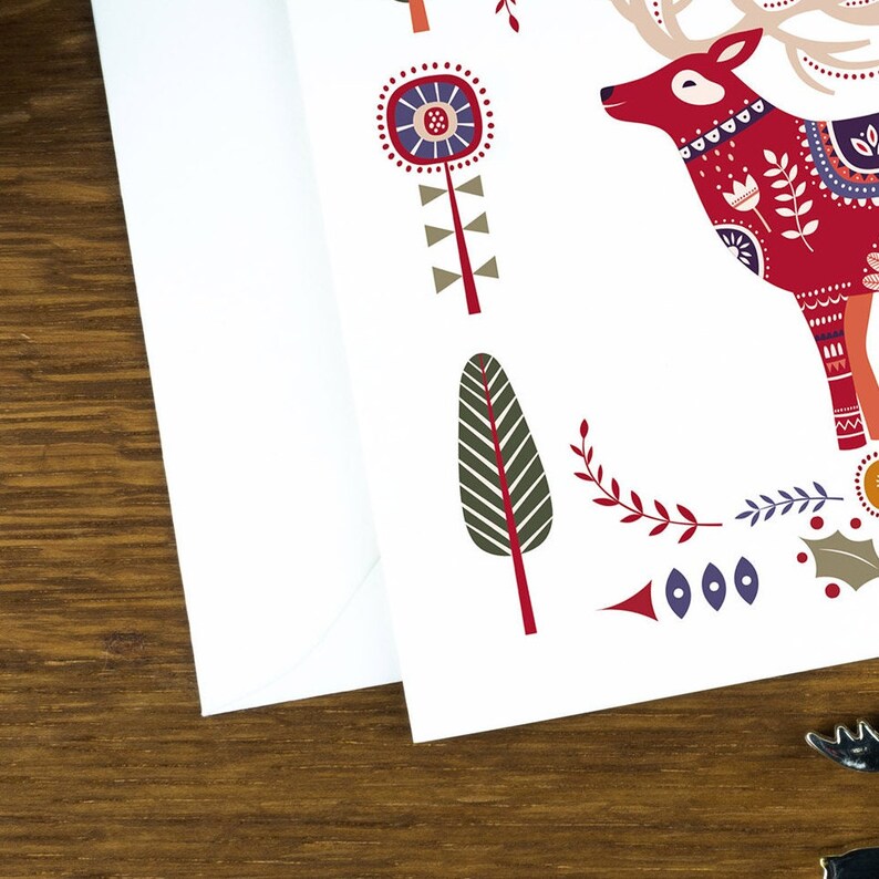 Carte de Noël d'art populaire, illustration de cerf, lot de cartes de Noël nordiques, lot de cartes de voeux d'hiver pour elle, cadeau d'impression d'art scandinave. image 9