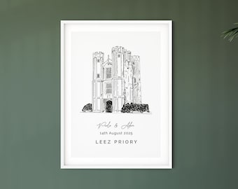 Leez Priory, personalised wedding venue illustration, 1st anniversary gift for husband and for wife, unique wedding present.