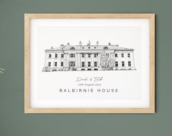 Balbirnie House, wedding venue illustration print, personalised 1st anniversary gift for husband or wife.
