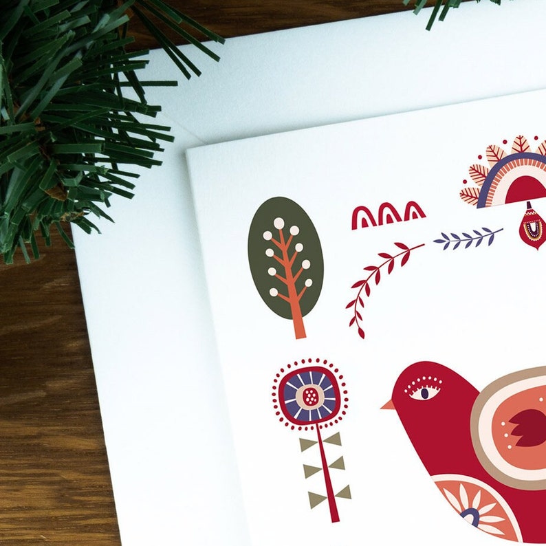 Folk art dove Christmas card for her, Nordic Christmas card set for mum, illustration greeting card pack, Scandinavian art print gift image 8