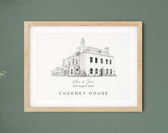 Cuckney House Wedding Venue Illustration Print, Anniversary Gift