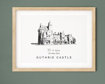 Guthrie Castle, personalised wedding venue illustration present for wife, 1st anniversary gift for husband, Scottish Castle wall art.