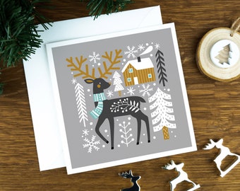 Nordic reindeer Christmas card for sister, luxury Scandinavian xmas card for friends, happy holidays 2022, Christmas card pack UK for her.