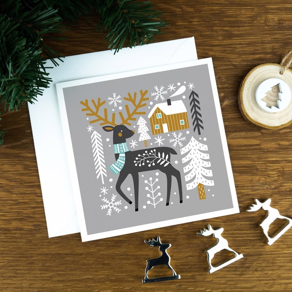 Nordic reindeer Christmas card for sister, luxury Scandinavian xmas card for friends, happy holidays 2022, Christmas card pack UK for her.