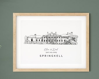 Springkell, illustration de lieu de mariage écossais, cadeau de mariage, cadeau de 1er anniversaire pour femme, cadeau pour fiancé.