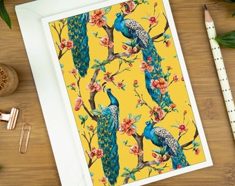 Luxury greeting card, peacock print note card, chinoiserie print card, mothers day card, birthday card for mum, thank you card, personalised