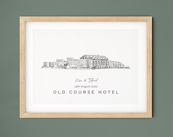 Old Course Hotel, St Andrews, cadeau de mariage, illustration de lieu, cadeau de 1er anniversaire pour femme, croquis de lieu pour fiancé