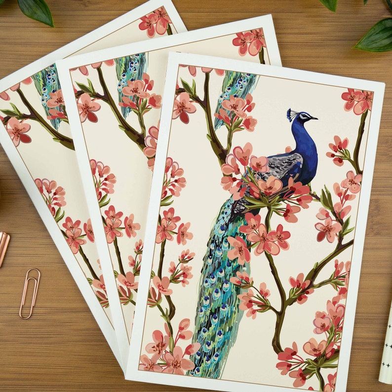 Luxury birthday card for mum, floral blank greeting card pack for women, peacock thank you card set for her, bird note card gift for penpal. image 2