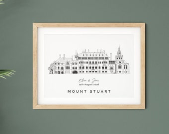 Mount Stuart, wedding venue illustration, anniversary gift for wife and for husband, venue sketch engagement present for fiancé.