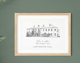 Lartington Hall, personalised hand drawn wedding venue sketch, 1st anniversary gift for husband, bespoke venue illustration gift.