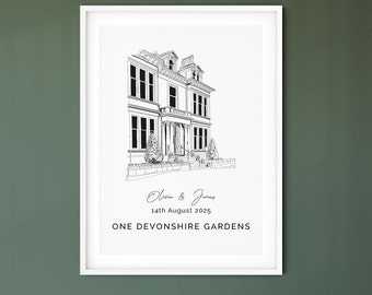 One Devonshire Gardens, wedding venue illustration print, personalised anniversary gift for husband or for wife, graduation gift.