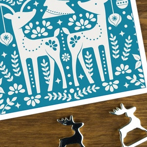 Luxury Scandinavian Christmas cards for her, the reindeers on a teal background, Nordic xmas cards for colleagues, festive Christmas 2022. image 6