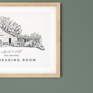 The Reading Room, wedding venue illustration print, 1st anniversary gift for wife, venue sketch gift for husband. image 5