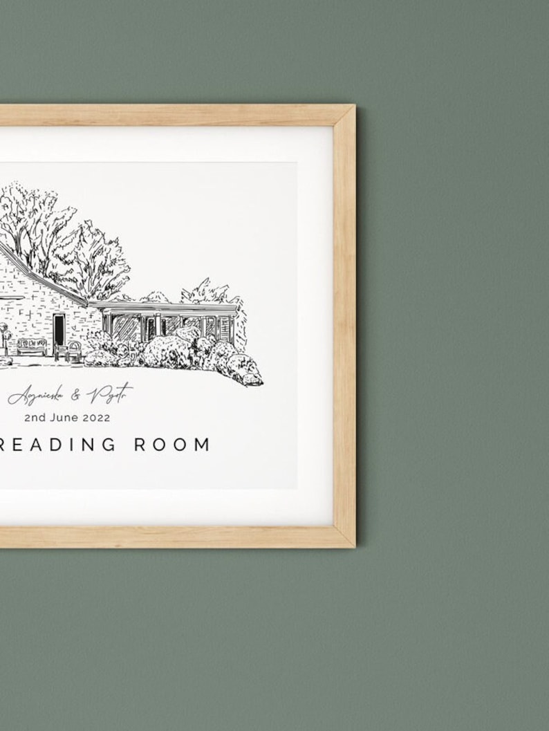 The Reading Room, wedding venue illustration print, 1st anniversary gift for wife, venue sketch gift for husband. image 5
