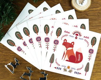 Folk art Christmas card pack with forest animals, charity Nordic Christmas card set, animal illustration greeting cards, Scandi prints.