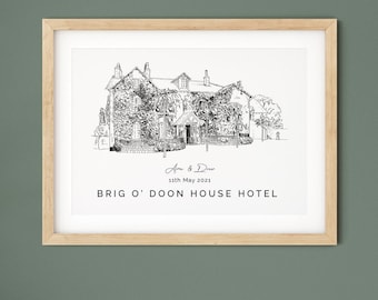 Hôtel Brig O'Doon House, cadeau de mariage, croquis du lieu du mariage pour mari, cadeau d'anniversaire pour femme, cadeau pour fiancé.