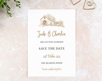 Wedding Venue Illustration Save the Date Card: Modern, Classic and Calligraphy