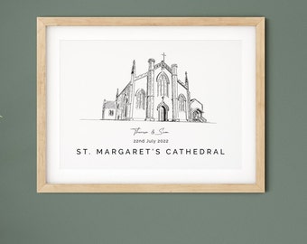 St Margaret's Cathedral personalised wedding venue illustration print for an anniversary gift.