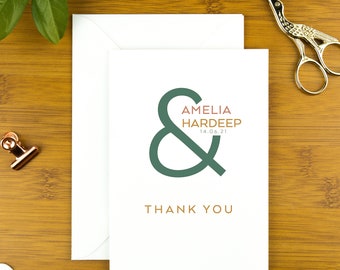 Wedding, anniversary and engagement thank you cards, personalised with the couples names and wedding date.