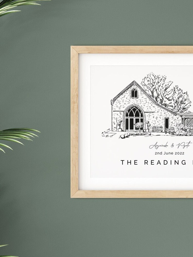 The Reading Room, wedding venue illustration print, 1st anniversary gift for wife, venue sketch gift for husband. image 4