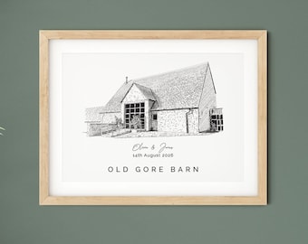 Old Gore Barn Wedding Venue Illustration, Personalised Anniversary Gift