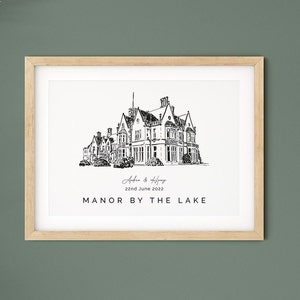Herrenhaus am See, Hochzeitsgeschenk, Hochzeit Illustration, Jahrestag Geschenk für Mann oder Frau.