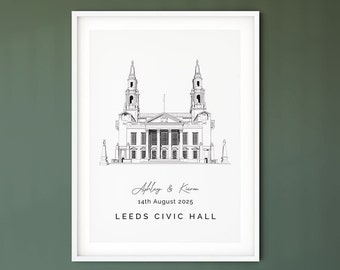Leeds Civic Hall, wedding venue illustration gift, 1st anniversary gift for husband and for wife.