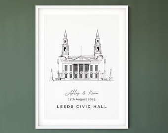 Leeds Civic Hall Wedding Venue Illustration, Personalized Anniversary Gift
