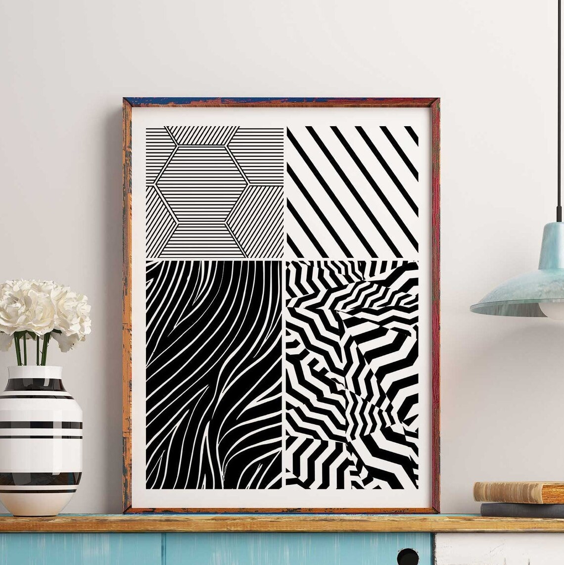 Abstract B&W Line Art, Modern Home Wall Decor, Black and White
