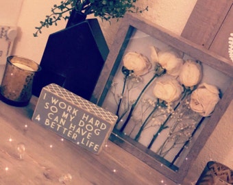 Dried White Roses in Rustic Shadow Box