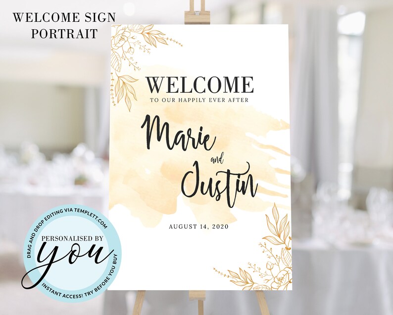 Display Piece Portrait Greetings Sign Wedding Decor Personalised Sunny Wedding Welcome Sign Fully Editable Wedding Signage