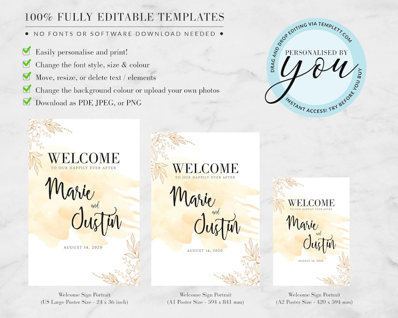 Display Piece Portrait Greetings Sign Wedding Decor Personalised Sunny Wedding Welcome Sign Fully Editable Wedding Signage