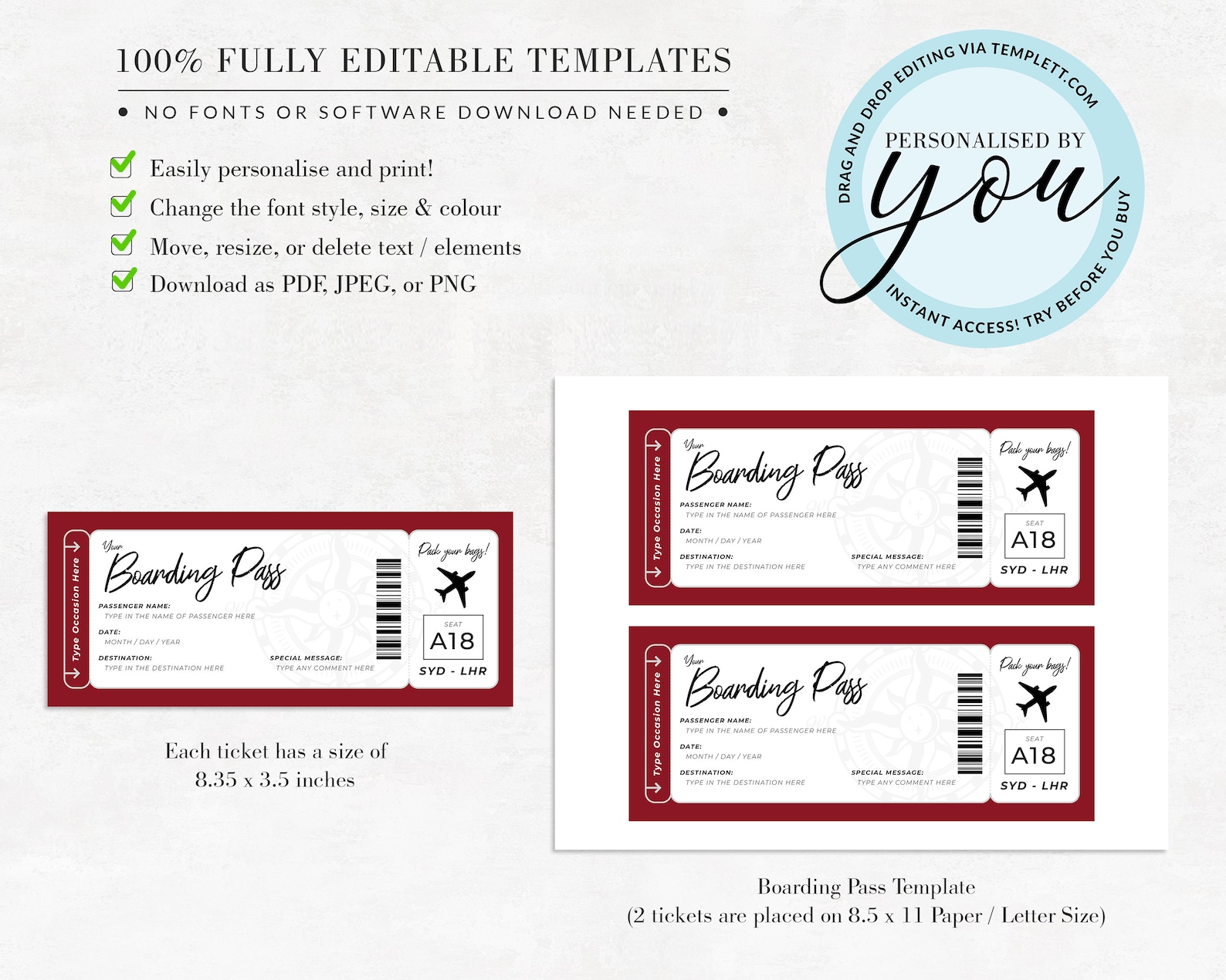 Editable Boarding Pass Template Surprise Airline Gift Modern Etsy