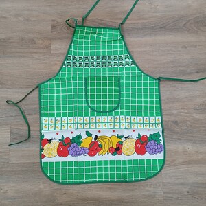 Vintage fruit apron, green, with white grid, yellow cherries, new, banana, pear, grapes, strawberries, cute, retro
