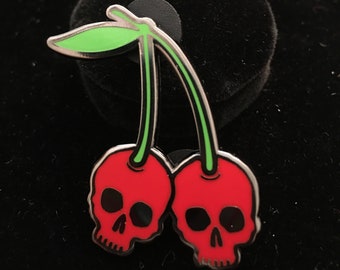 1.5in Rockabilly cherry skull hard enamel pin, cool, retro, goth, sock hop, 50s, classic, 1950s,