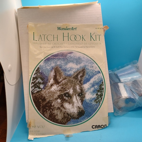 24x24 Lone Wolf Latch Hook rug wallhanging kit STARTED 1/2 finished, retro, vintage, tool