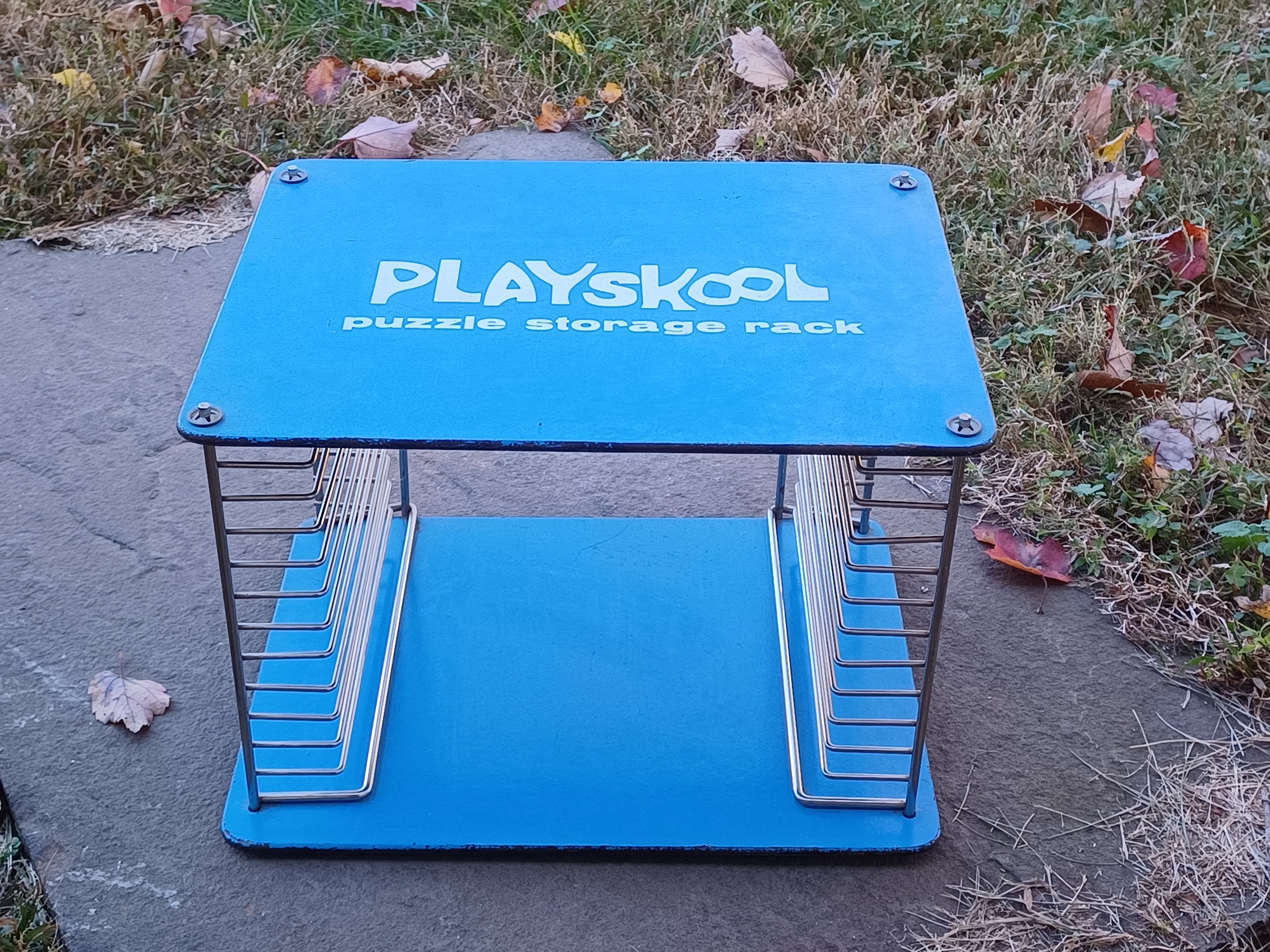 Vintage 70s Blue Playskool 12 Slot Puzzle Storage Rack Tray