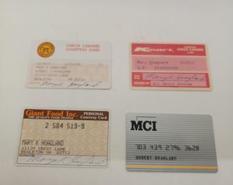 VINTAGE 80s / 90s grocery store check cashing cards, Giant, Kmart, SFW, MCI phone card authentic props, prop, movie, ephemera