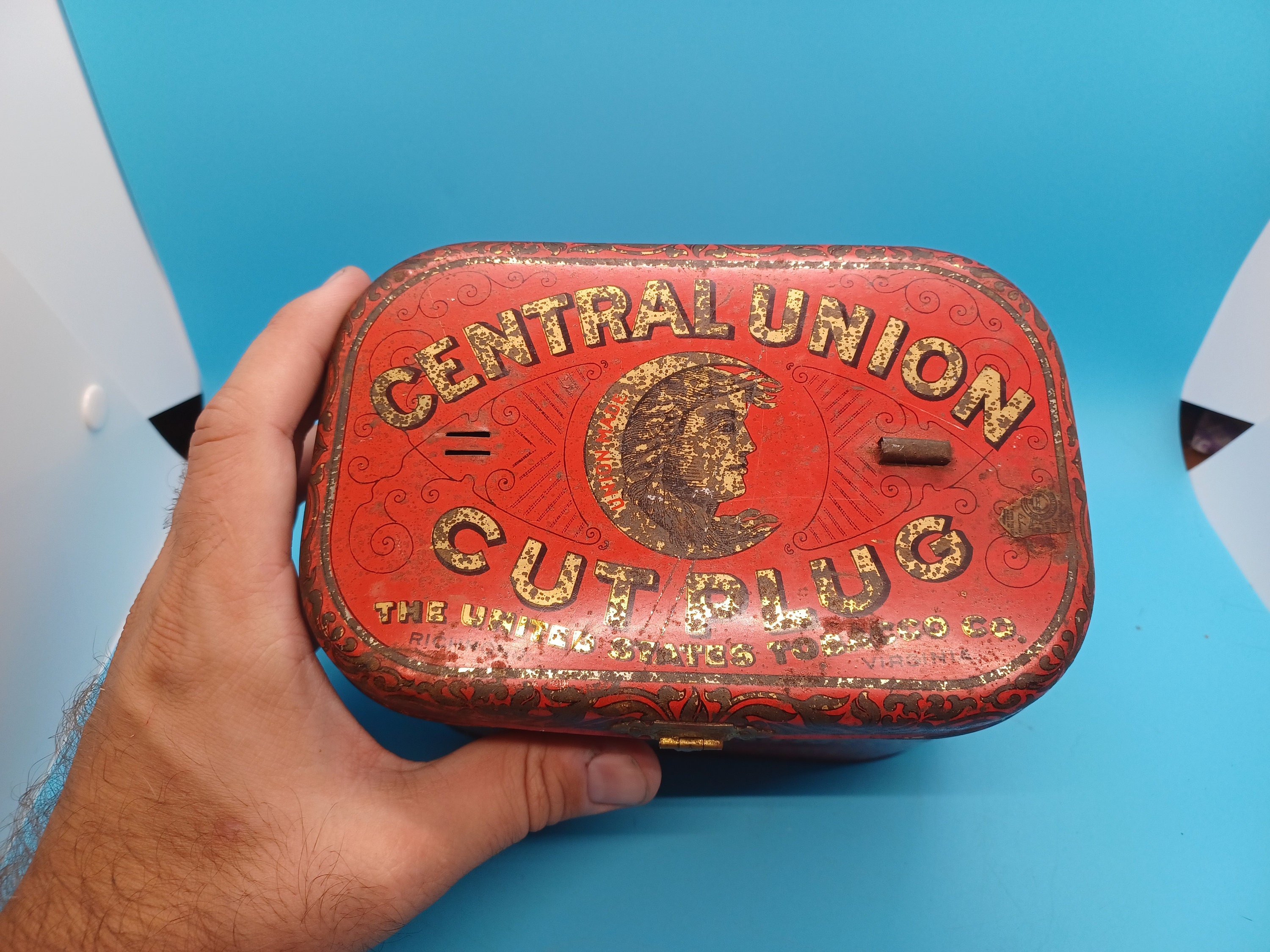 Central Union Tobacco Luchbox Style Tin NO HANDLE, 1900s, Antique